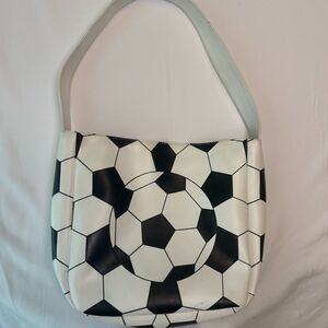 Girl Got Game Soccer Ball Print Hobo Bag White Black Vinyl Shoulder Purse